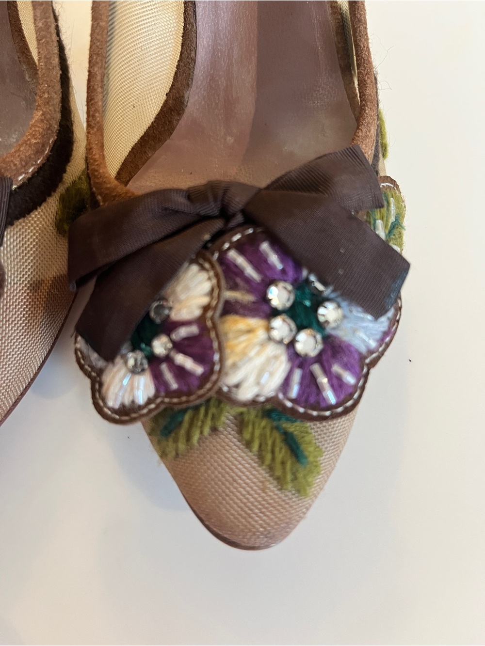 Miu Miu Brown Suede and Mesh Embellished Floral Pumps Size 5 1/2 - Picture 4 of 6